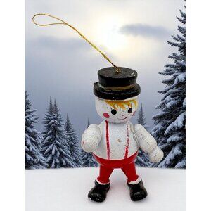 Vintage Wooden Faux Wind-Up Boy Christmas Tree Ornament Hand-Painted Smiling